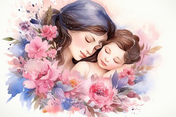 Obraz na płótnie Canvas Happy mothers day Illustration, mothers love relationships between mother and child with flower in the background