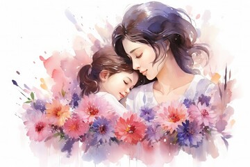 Obraz na płótnie Canvas Happy mothers day Illustration, mothers love relationships between mother and child with flower in the background