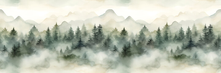 Seamless border with hand painted watercolor mountains and pine trees. Seamless pattern with panoramic landscape in green, beige and white colors. For print, graphic design, wallpaper, paper