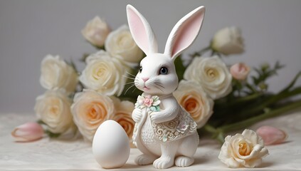 The theme is white Easter eggs, which represent birth and purity. Rabbit objects, white eggs and spring flower decorations on white color cloth. greeting card.