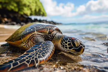 Young sea turtle moving towards the ocean