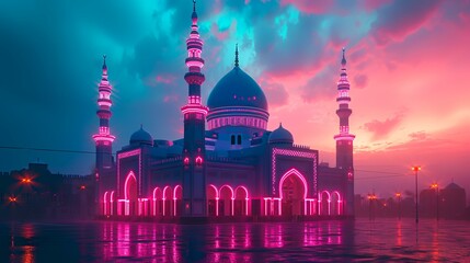 Fototapeta na wymiar Illuminated mosque at sunset, Abu Dhabi, United Arab Emirates