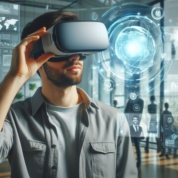 Man experiencing advanced virtual reality technology with futuristic holographic interface