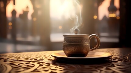 Obraz premium A cup of coffee on the table in a cafe. Selective focus.