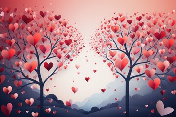 Valentine's day card, love tree with heart leaves flat Illustration background