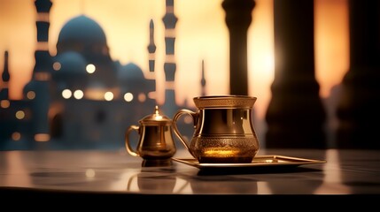 Teapot and cup of tea on the table in front of the mosque. Ramadan Kareem background