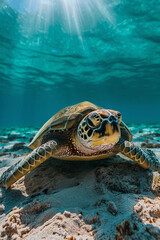 Fototapeta premium Portrait of an old sea turtle swimming in the ocean
