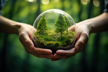 A person holding a glass ball with a forest inside