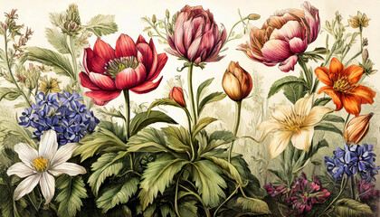 Vintage antique inspired spring floral botanical illustration
