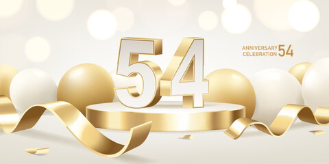 54th Anniversary celebration background. Golden 3D numbers on round podium with golden ribbons and balloons with bokeh lights in background.
