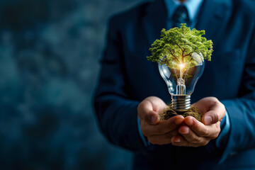businessman holding half of an abstract light bulb and brain on a dark blue background with a tree growing out of it