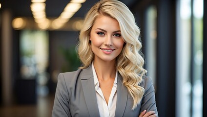 business woman posing with her arms crossed and smiling in a suit at the company, corporate company photo, business woman