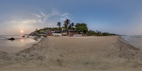 360 hdri panorama with coconut trees on ocean coast on beach at sunset in equirectangular spherical seamless projection