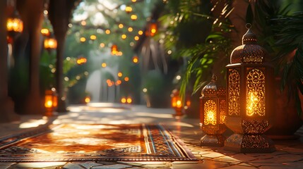 Arabic lanterns in the garden. Ramadan Kareem background. - obrazy, fototapety, plakaty