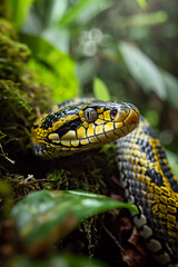 Close-up photo of a snake with green and black scales in a forest