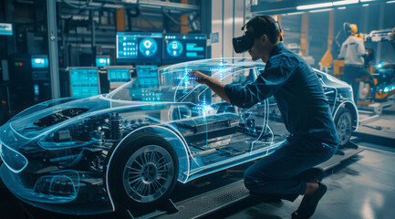 Team of engineers, visualization of future vehicle prototype 3D modeling in car production factory