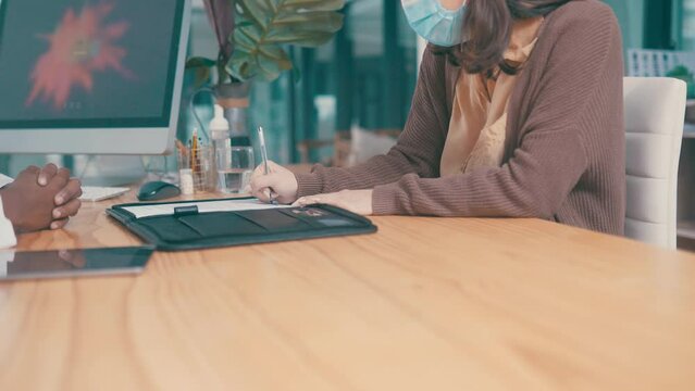 Doctor, woman and insurance form for signature, appointment and hospital office for specialist consultation. Agreement, healthcare and patient for wellbeing, medicare and power of attorney guide