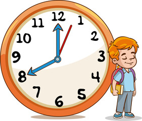 child going to school.Daily routine with simple clocks.Vector set with kid. Funny cartoon character. Vector illustration