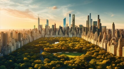 Central Park At Sunset With Nature, Manhattan Skyscraper Cityscape. Generative AI