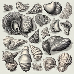 Shells of different shapes and types, black and white drawing, vintage engraving style, neutral natural background 