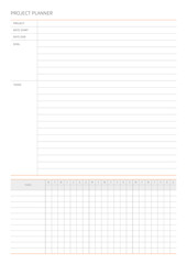 project plan design template in a modern, simple, and minimalist style. Note, scheduler, diary, calendar, planner document template illustration.