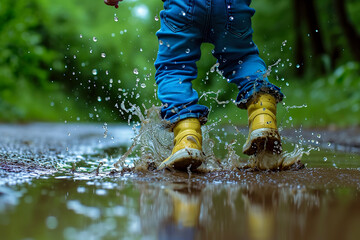 child jumping in a puddle and splashing water everywhere