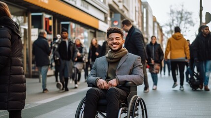 Disabled and handicapped man in a wheelchair taking a walk in the city. Inclusion and diversity concept, normal lifestyle. Generative AI