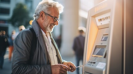 Senior Man Using An ATM To Make A Payment Or Transfer. Elderly People Adapting To Digitalization. Generative AI. - obrazy, fototapety, plakaty