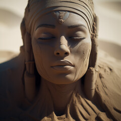 Sculpture of a face made of sand, Cleopatra, the sand is perfectly outlined, exactly, the sunda's shadow falls on the face
