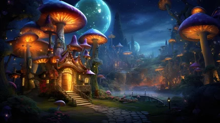 Foto op Canvas Enchanted fairy tale mushroom house in magical forest at night. Fantasy and imagination. © Postproduction