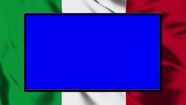 Large screen isolated from the alpha channel with the italian flag waving in the background.Seamless loop.You can easily add images or videos within the screen.Italy concept.