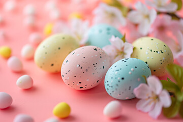 Fototapeta na wymiar Easter eggs on pink background