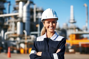 Portrait of a female engineer wearing a hard hat and smiling at the camera