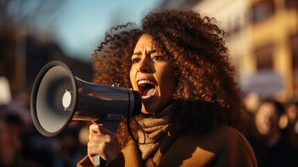 Young woman shouting into a megaphone at a protest - obrazy, fototapety, plakaty