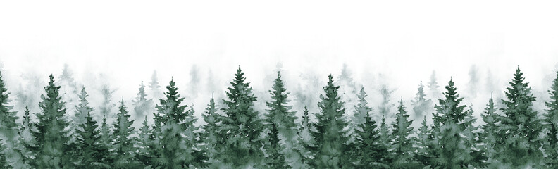 Hand painted watercolor illustration, seamless pattern of misty forest