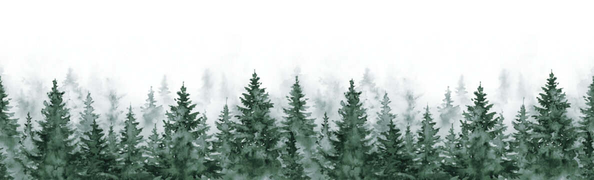 Hand painted watercolor illustration, seamless pattern of misty forest © Kateina