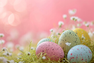 Easter eggs in grass. Easter card, banner with copy space