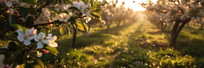 A garden of blossoming apple trees in a spring morning. Spring Banner  - obrazy, fototapety, plakaty