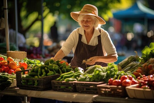 Happy Elderly woman selling fresh vegetables at a farmers' market