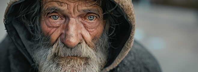 homeless elderly man with beard close-up portrait Generative AI