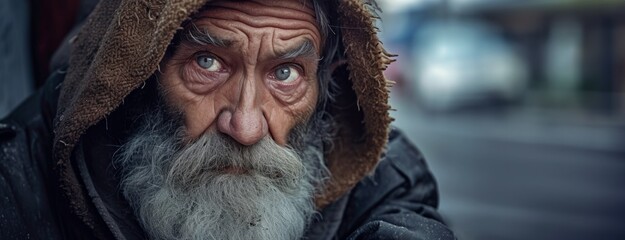 homeless elderly man with beard close-up portrait Generative AI - obrazy, fototapety, plakaty