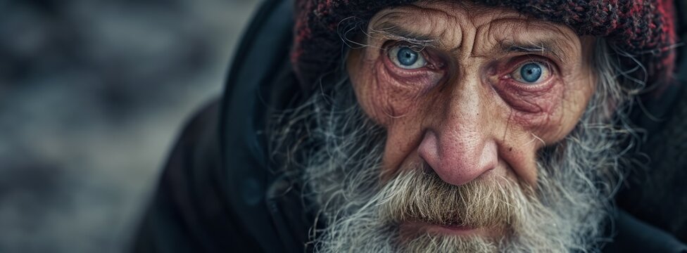 homeless elderly man with beard close-up portrait Generative AI