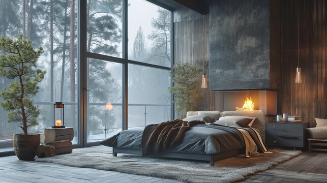 Fototapeta Scandinavian Bedroom In A Luxurious Cottage House. Generative AI