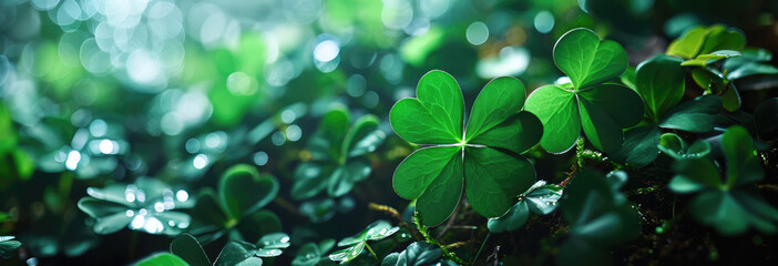 Sunlit clovers on a forest floor, evoking a sense of luck and natural beauty.