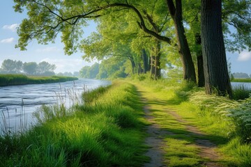 Obraz premium Spring grassy path along river