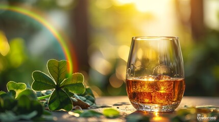 A glass of whiskey or scotch with a shamrock and rainbow.  - obrazy, fototapety, plakaty