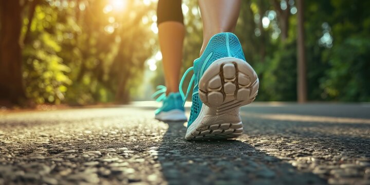 Female runner's shoes on an asphalt road, sunny morning