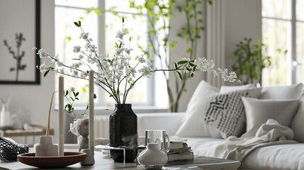 Spring home decor in scandinavian interior. Generative