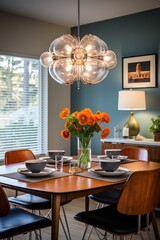 Elegant mid century modern dining room with orange flowers