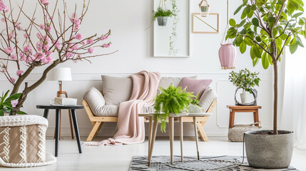 Spring home decor in scandinavian interior. Generative - obrazy, fototapety, plakaty